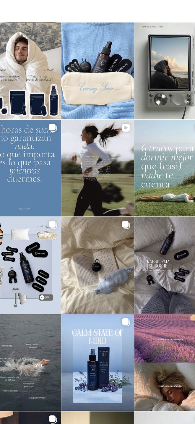 Feed de Instagram de Noctaura (marca de descanso) diseñado por Blum Studio